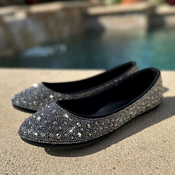 New Black Pewter Rhinestone Crystal Ballet Flat Shoes Ballerina Slide Slip On - Picture 1 of 6